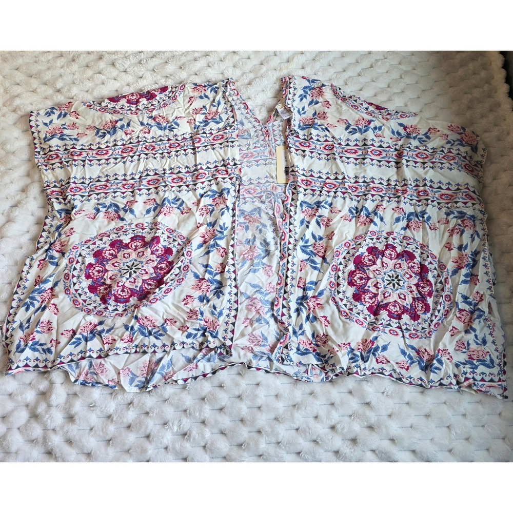 Entro Ivory Print Kimono Boho Floral Medallion Open Front Wrap One Size NEW